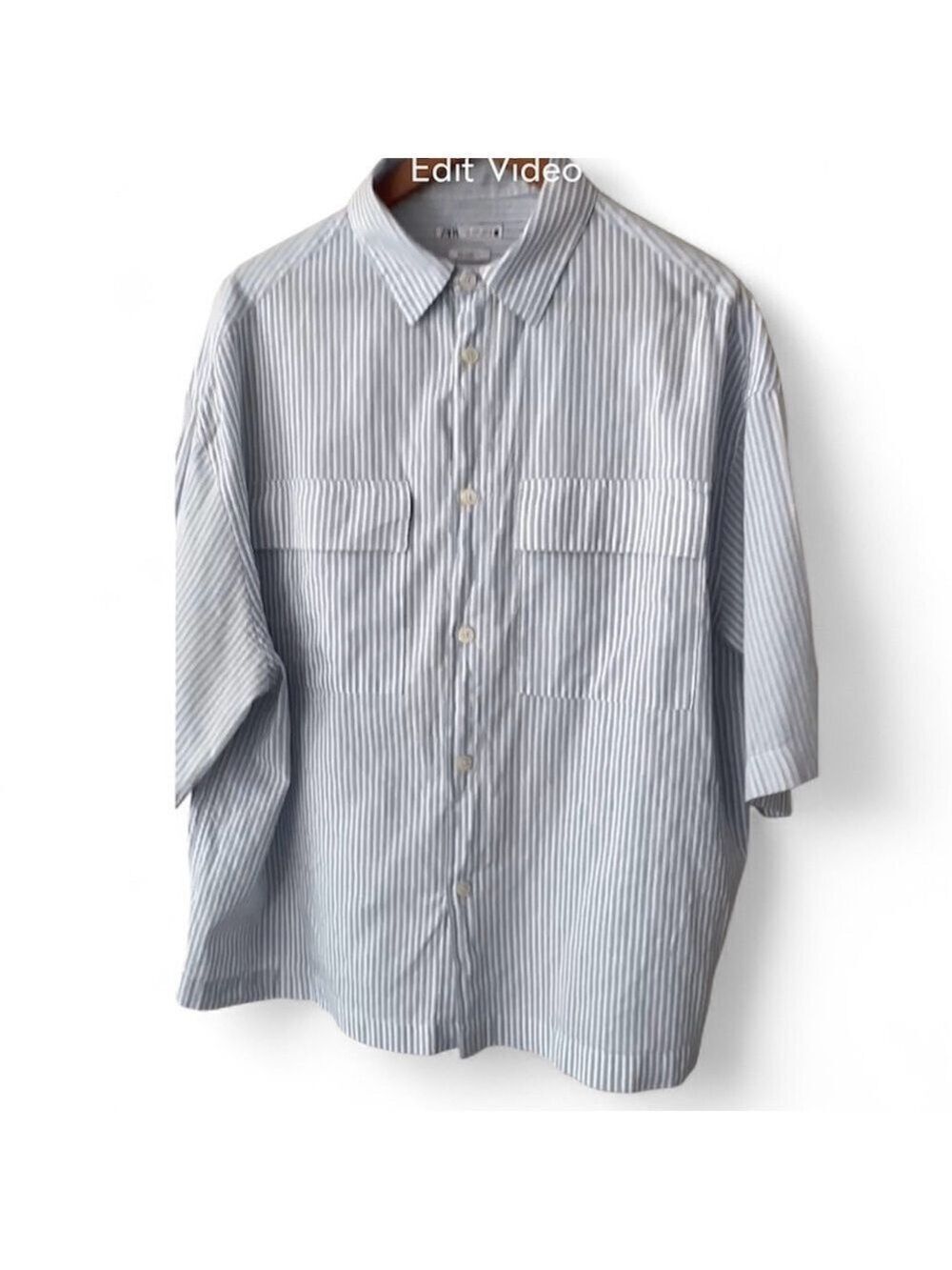 ZARA RELAXED FIT BLUE & WHITE PINSTRIPE SHORT SLEEVED SHIRT PATCH POCKETS LARGE